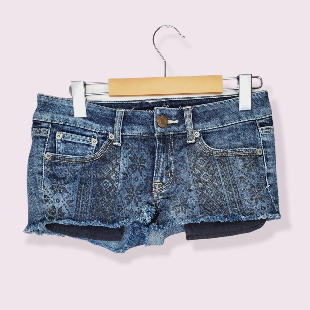 AMERICAN EAGLE Dark Blue Aztec Printed Boho Distressed Micro Mini Denim Shorts